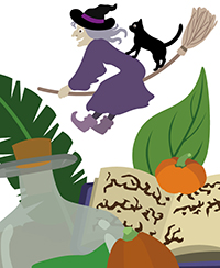 Illustration reprsentant en arrire plan une sorcire sur son balais volant et en premier plan un grimoire, des courges et une potion dans un flacon.