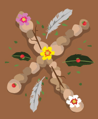 Illustration dun uvre land art faite au sol  partir de cailloux, fleurs, feuilles et plumes